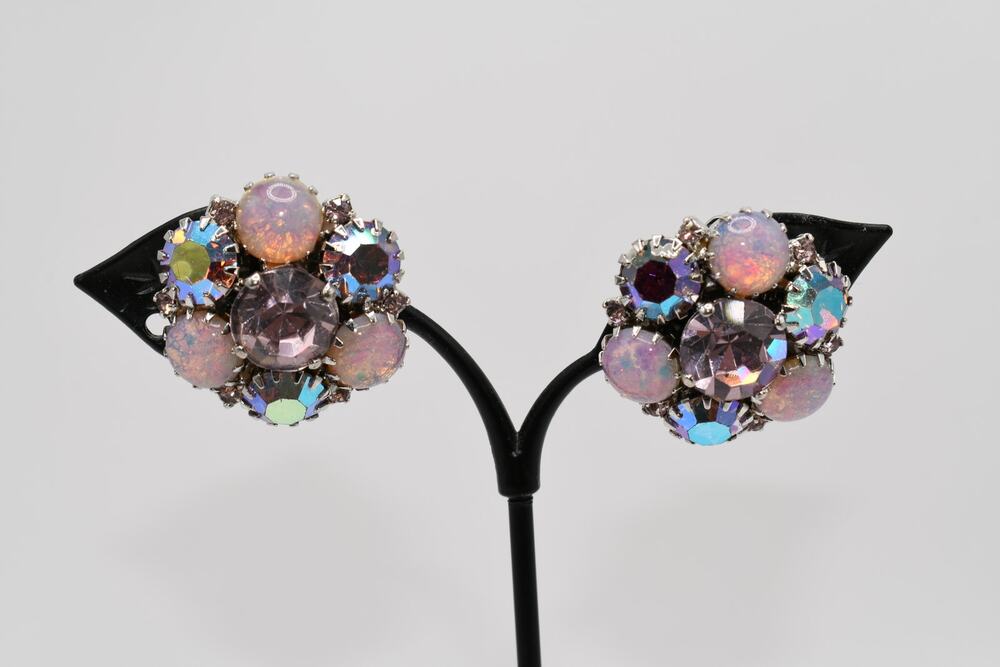 Vintage WARNER Dragons Breath AB Rhinestone Clip Earrings 1960s